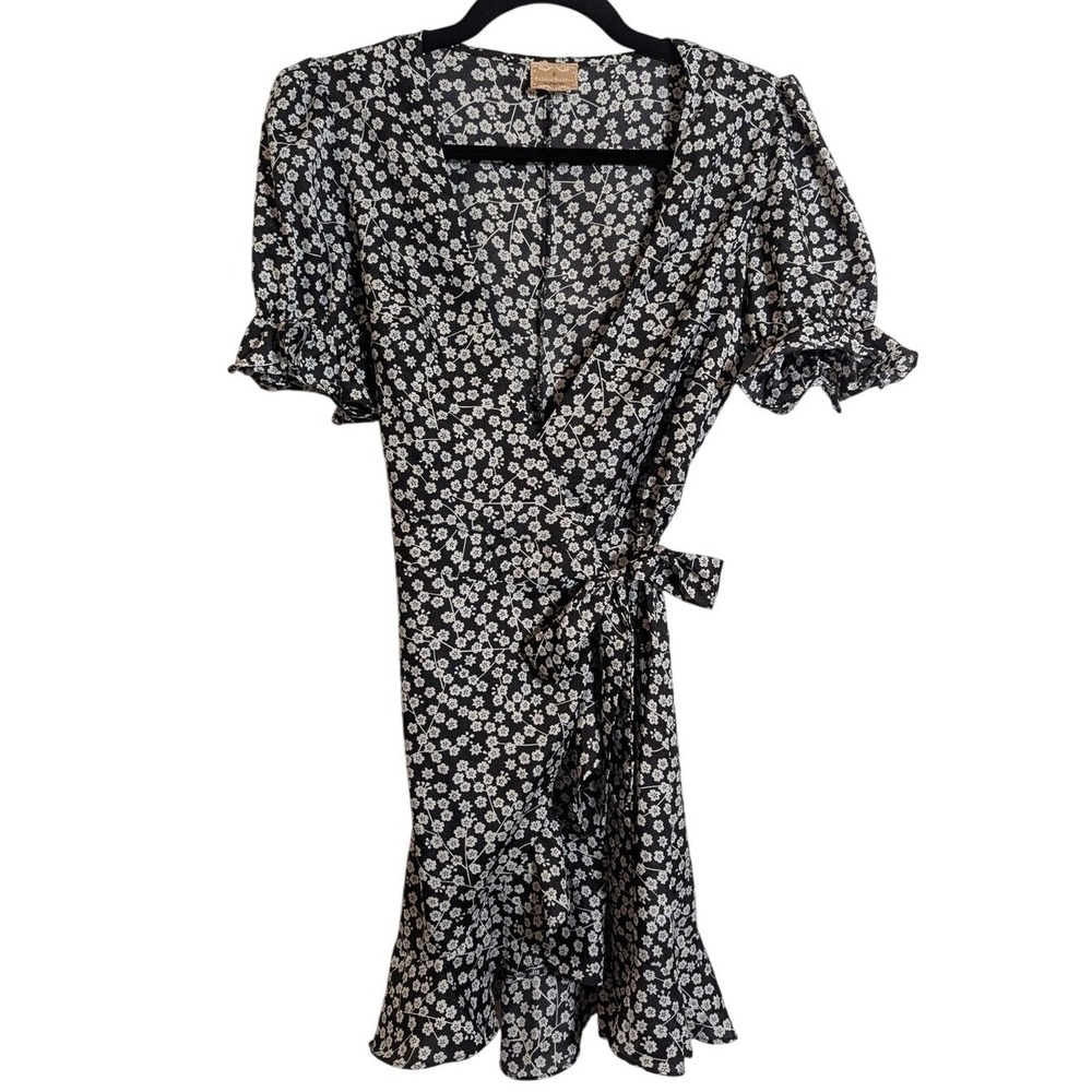 Debbie Dabbie Angel Biba Floral Wrap Dress Black‎ White Size 6 Short Sleeve